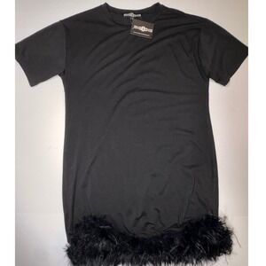 Rowdy Crowd Black Feather Trim T Shirt Dress Size Small NWT